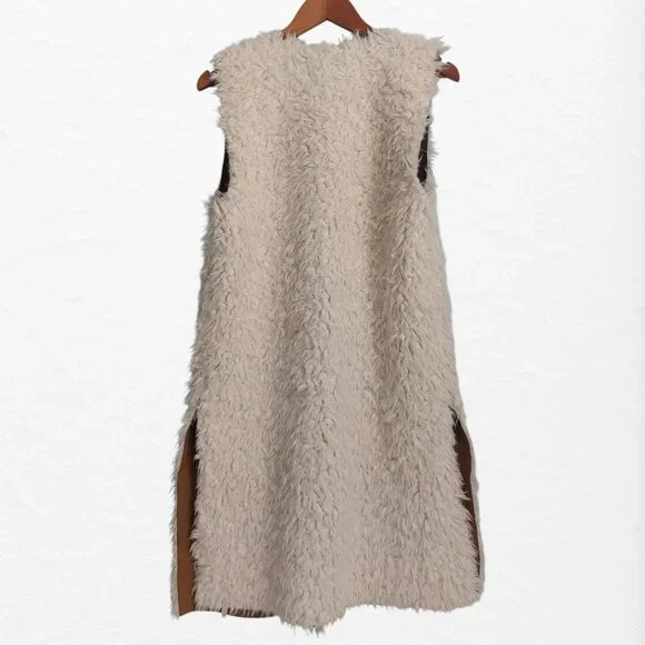 Faux Fur Cardigan Vest M White Brown Faux Suede Boho Chic Cabincore Open Front - Picture 4 of 10